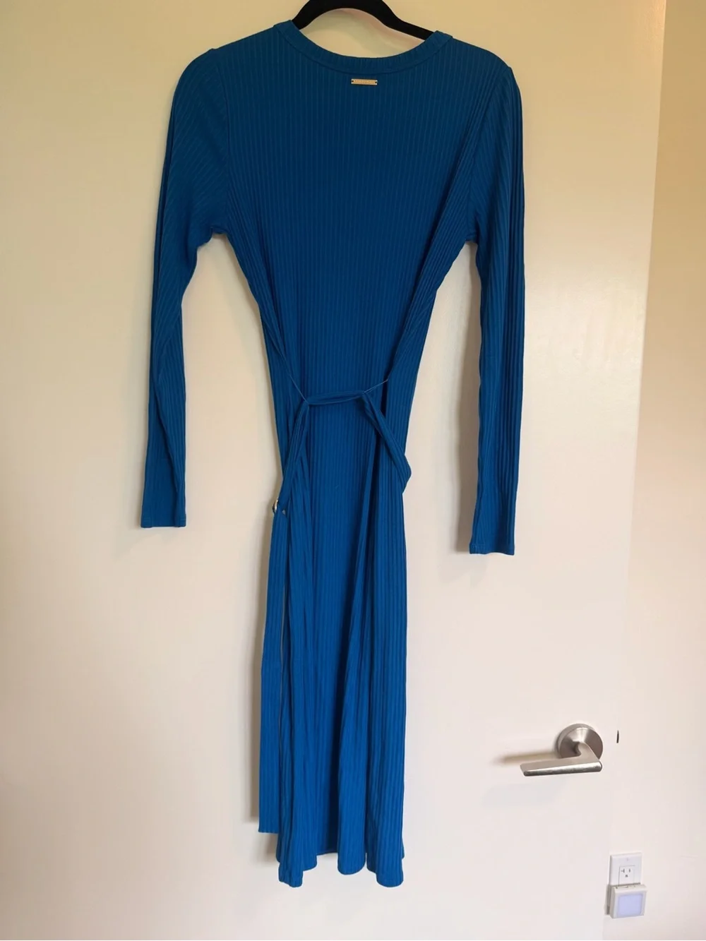 Michael Kors Blue Ribbed Belted Long Sleeve Midi Dress M